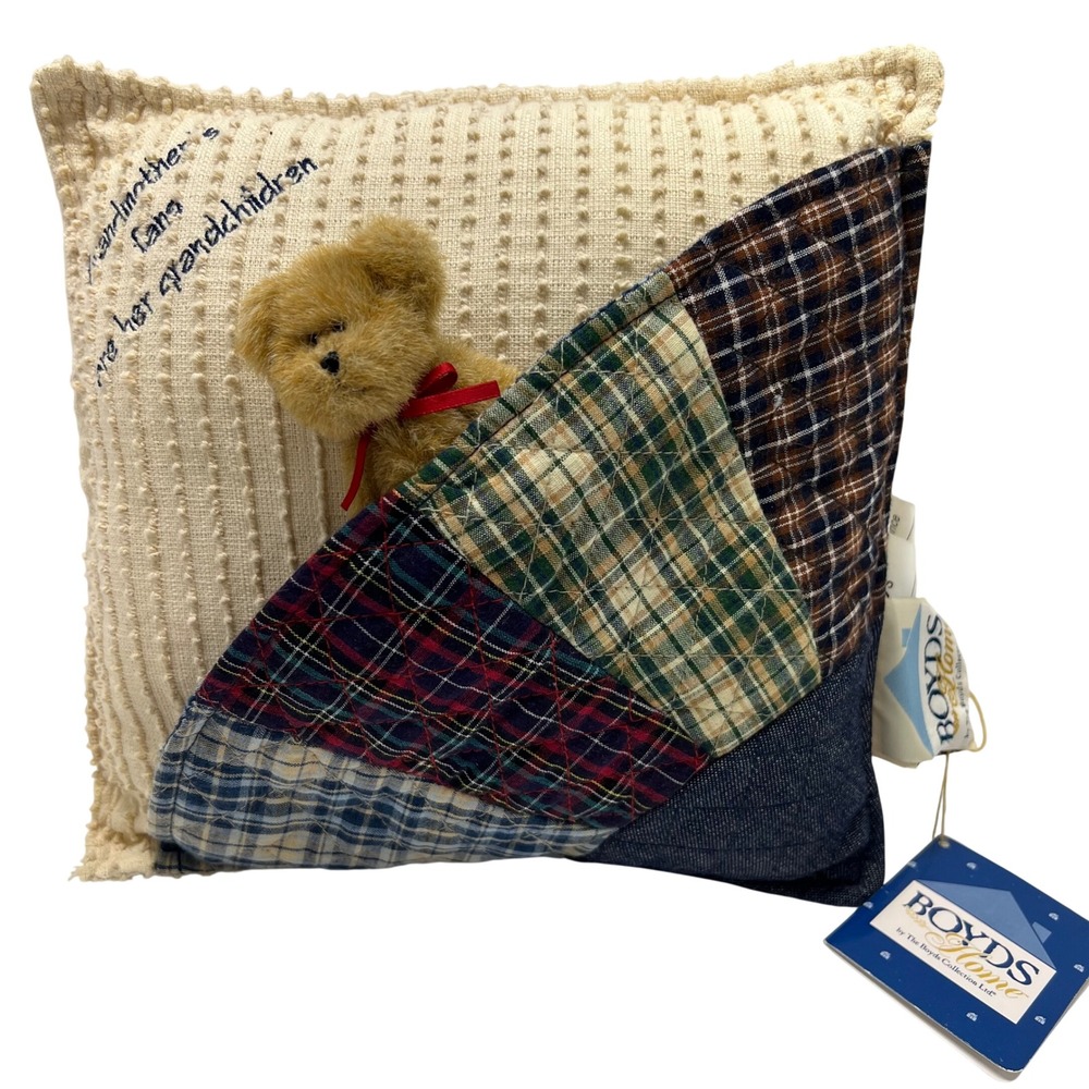 Boyds‎ Bear Home Grandmother's Fans Decorative Pillow Cream Plaid Patchwork VTG